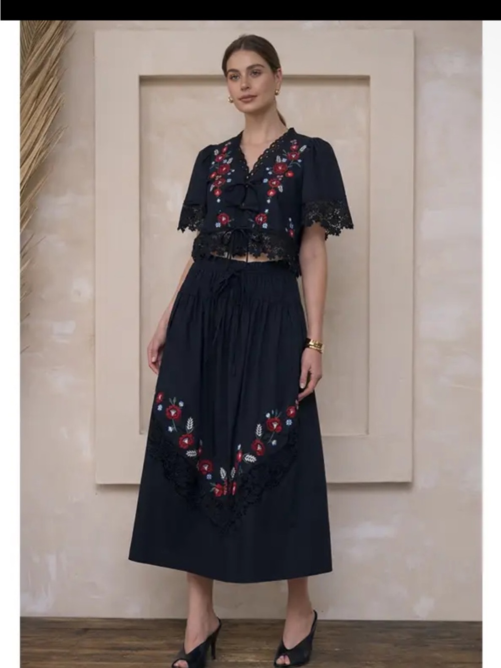 Navy Embroidered Floral Midi Skirt